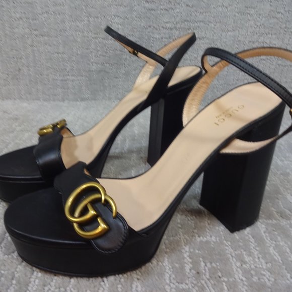 Gucci Marmont Double G Women's Size 39 EU Black Leather High Heel Sandals Shoes - Picture 7 of 14